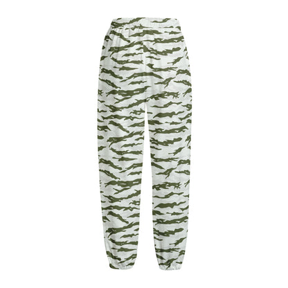 Green And White Tiger Stripe Camo Print Fleece Lined Knit Pants