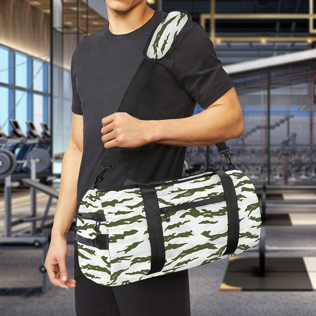 Green And White Tiger Stripe Camo Print Gym Bag