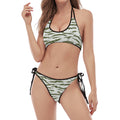 Green And White Tiger Stripe Camo Print Halter Scoop Tie Side Bikini