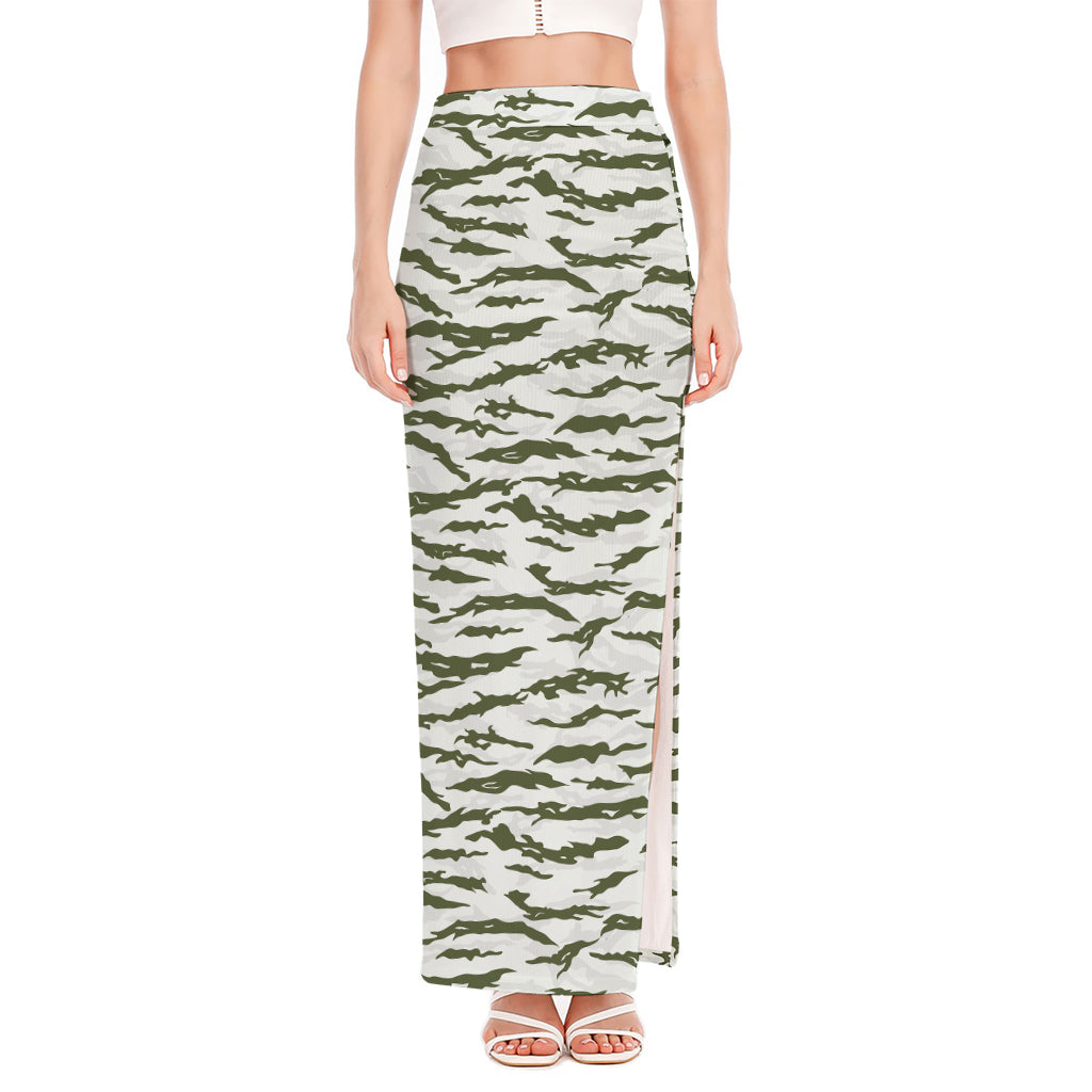 Green And White Tiger Stripe Camo Print High Slit Maxi Skirt