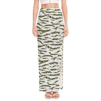 Green And White Tiger Stripe Camo Print High Slit Maxi Skirt