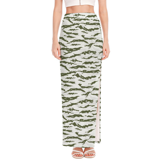 Green And White Tiger Stripe Camo Print High Slit Maxi Skirt