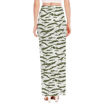 Green And White Tiger Stripe Camo Print High Slit Maxi Skirt