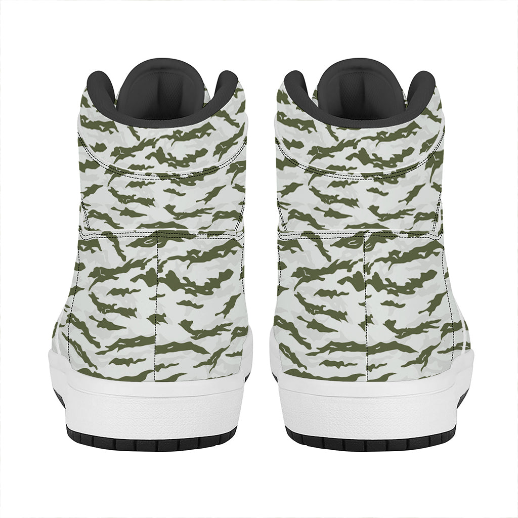 Green And White Tiger Stripe Camo Print High Top Leather Sneakers