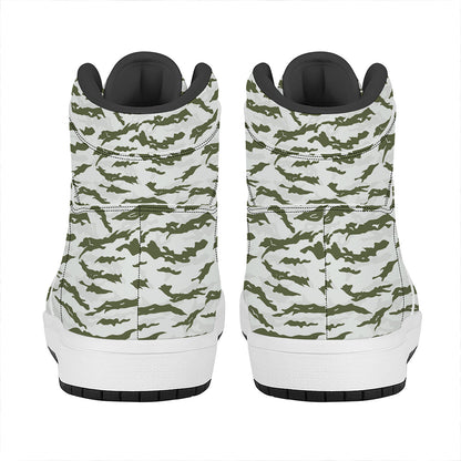 Green And White Tiger Stripe Camo Print High Top Leather Sneakers
