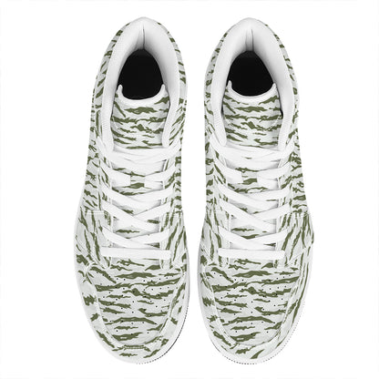 Green And White Tiger Stripe Camo Print High Top Leather Sneakers