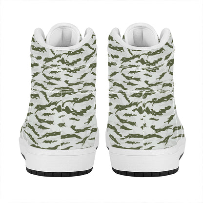 Green And White Tiger Stripe Camo Print High Top Leather Sneakers