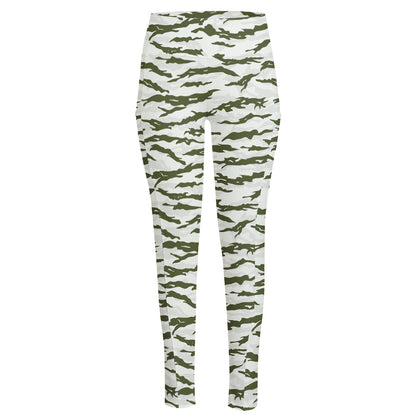 Green And White Tiger Stripe Camo Print High-Waisted Pocket Leggings