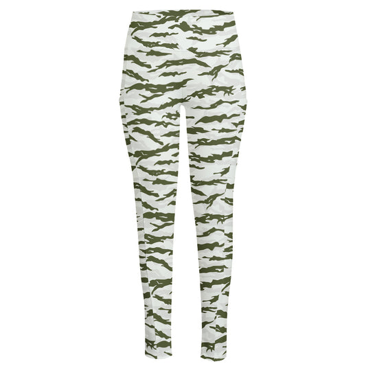 Green And White Tiger Stripe Camo Print High-Waisted Pocket Leggings