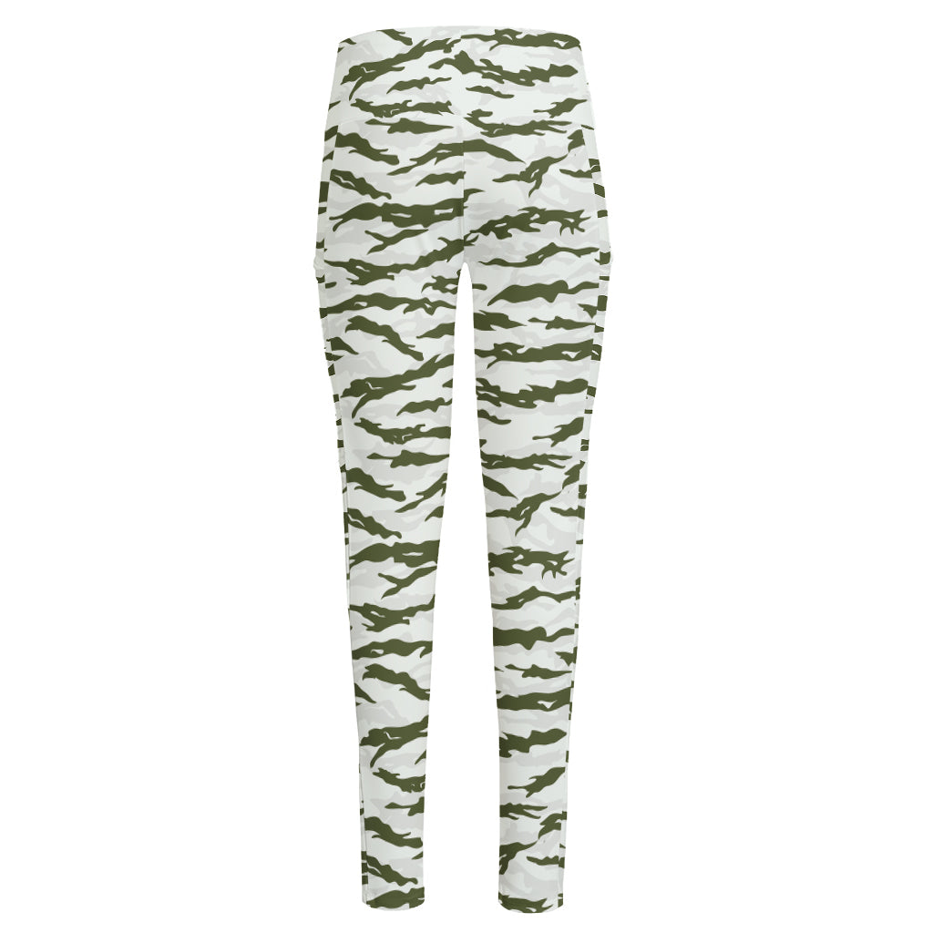 Green And White Tiger Stripe Camo Print High-Waisted Pocket Leggings