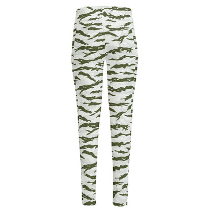 Green And White Tiger Stripe Camo Print High-Waisted Pocket Leggings