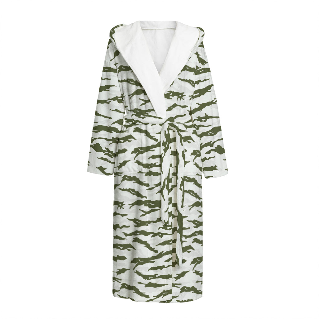 Green And White Tiger Stripe Camo Print Hooded Bathrobe