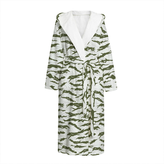 Green And White Tiger Stripe Camo Print Hooded Bathrobe