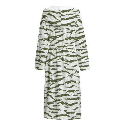 Green And White Tiger Stripe Camo Print Hooded Bathrobe