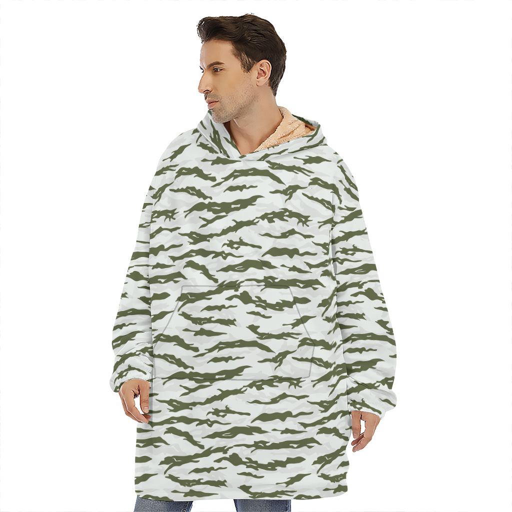 Green And White Tiger Stripe Camo Print Hoodie Blanket