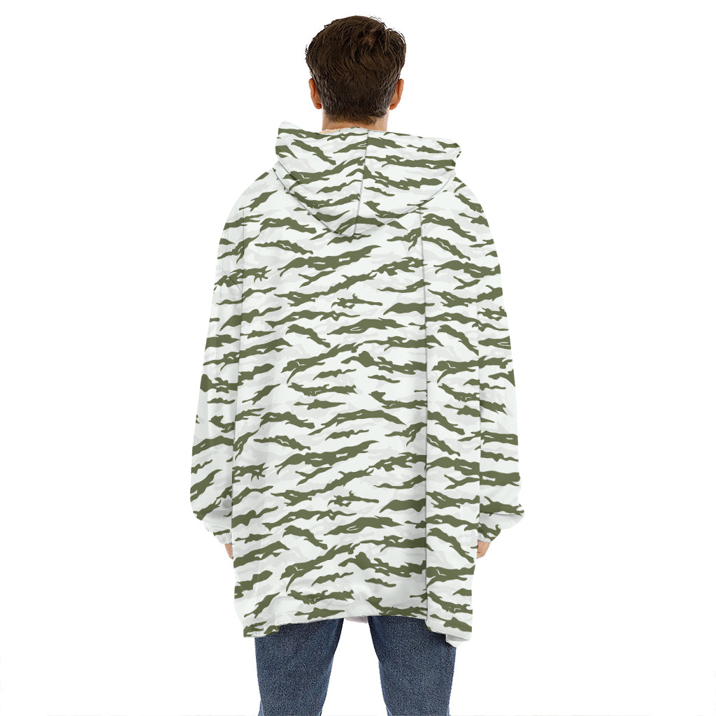 Green And White Tiger Stripe Camo Print Hoodie Blanket