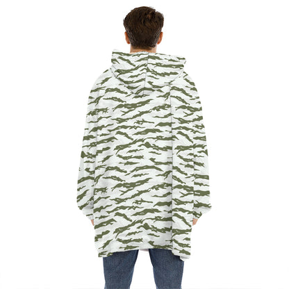 Green And White Tiger Stripe Camo Print Hoodie Blanket