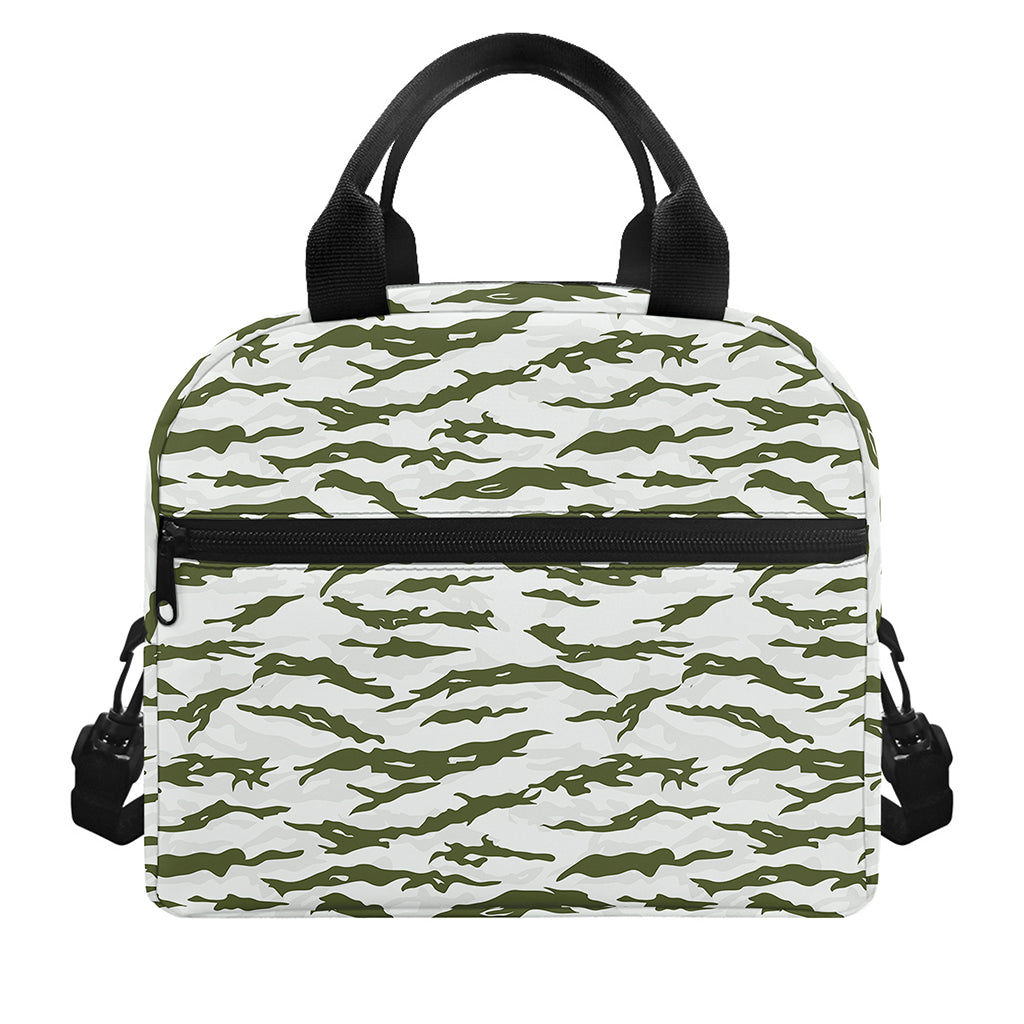 Green And White Tiger Stripe Camo Print Insulated Lunch Bag