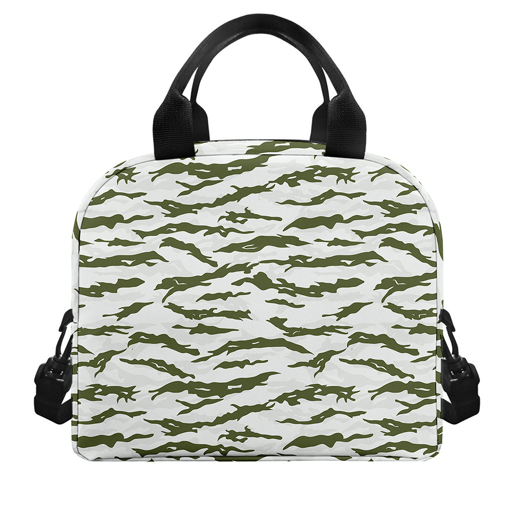 Green And White Tiger Stripe Camo Print Insulated Lunch Bag