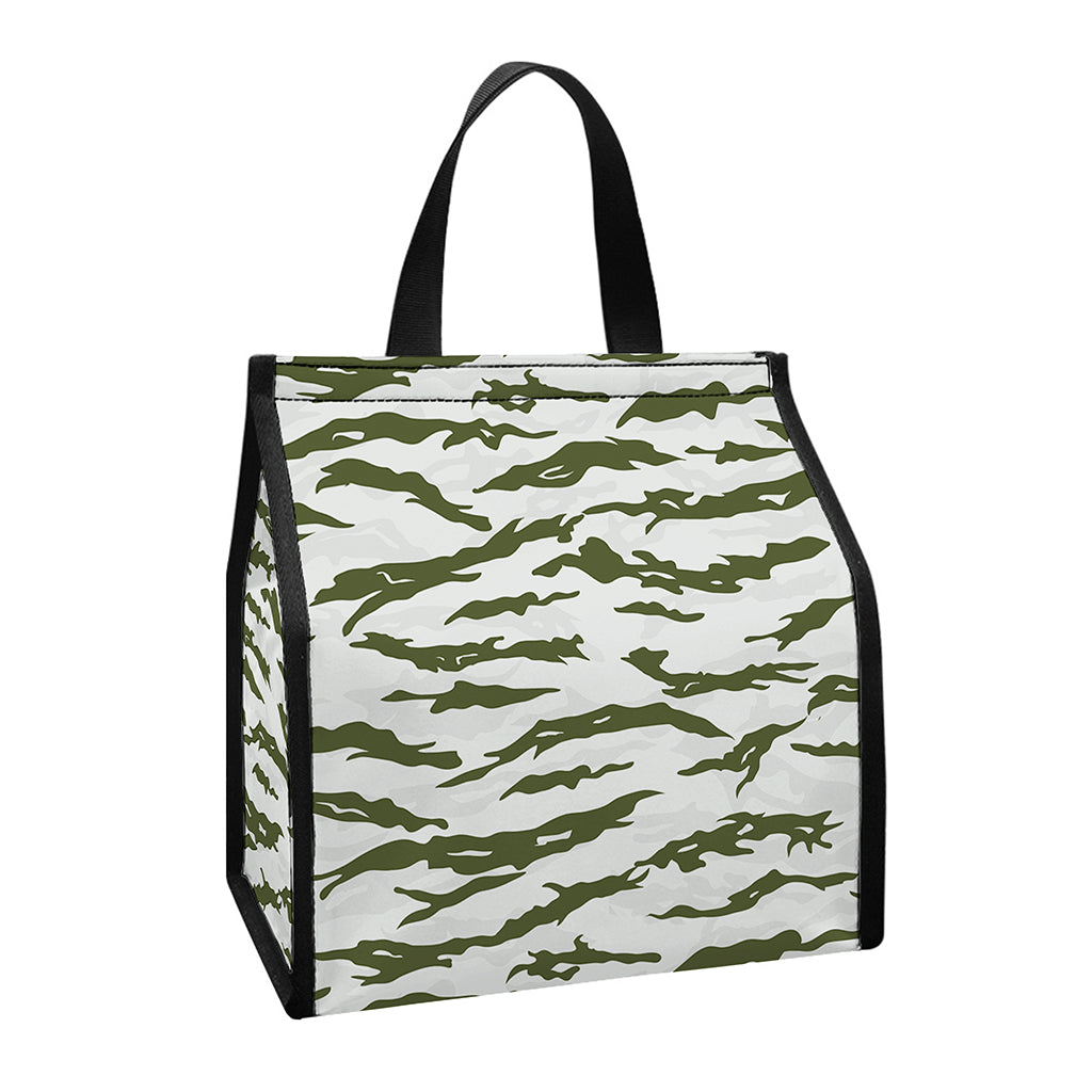 Green And White Tiger Stripe Camo Print Insulated Lunch Tote