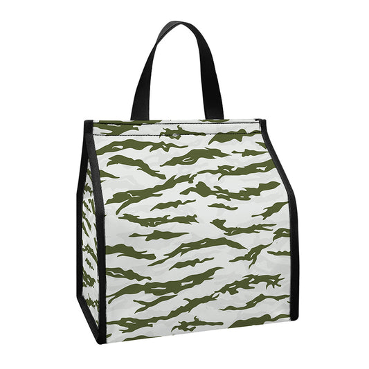 Green And White Tiger Stripe Camo Print Insulated Lunch Tote