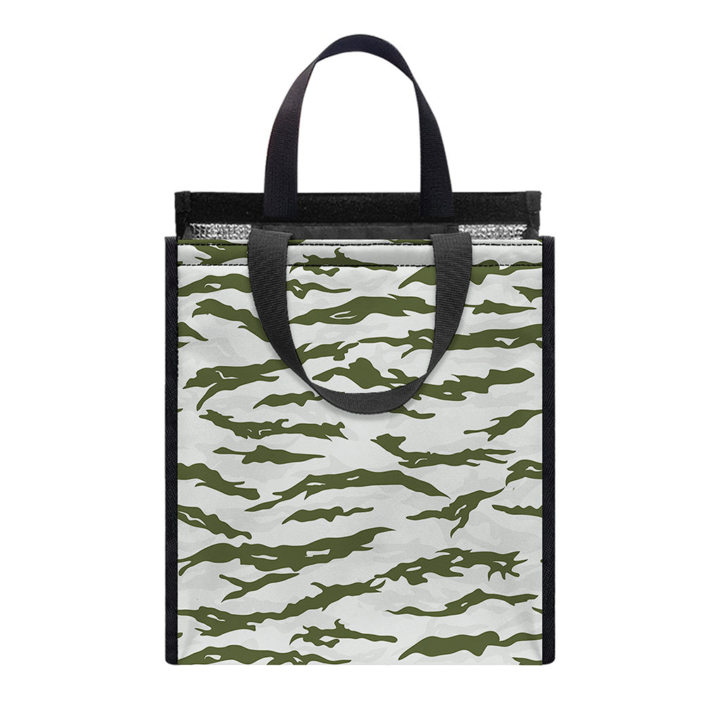 Green And White Tiger Stripe Camo Print Insulated Lunch Tote
