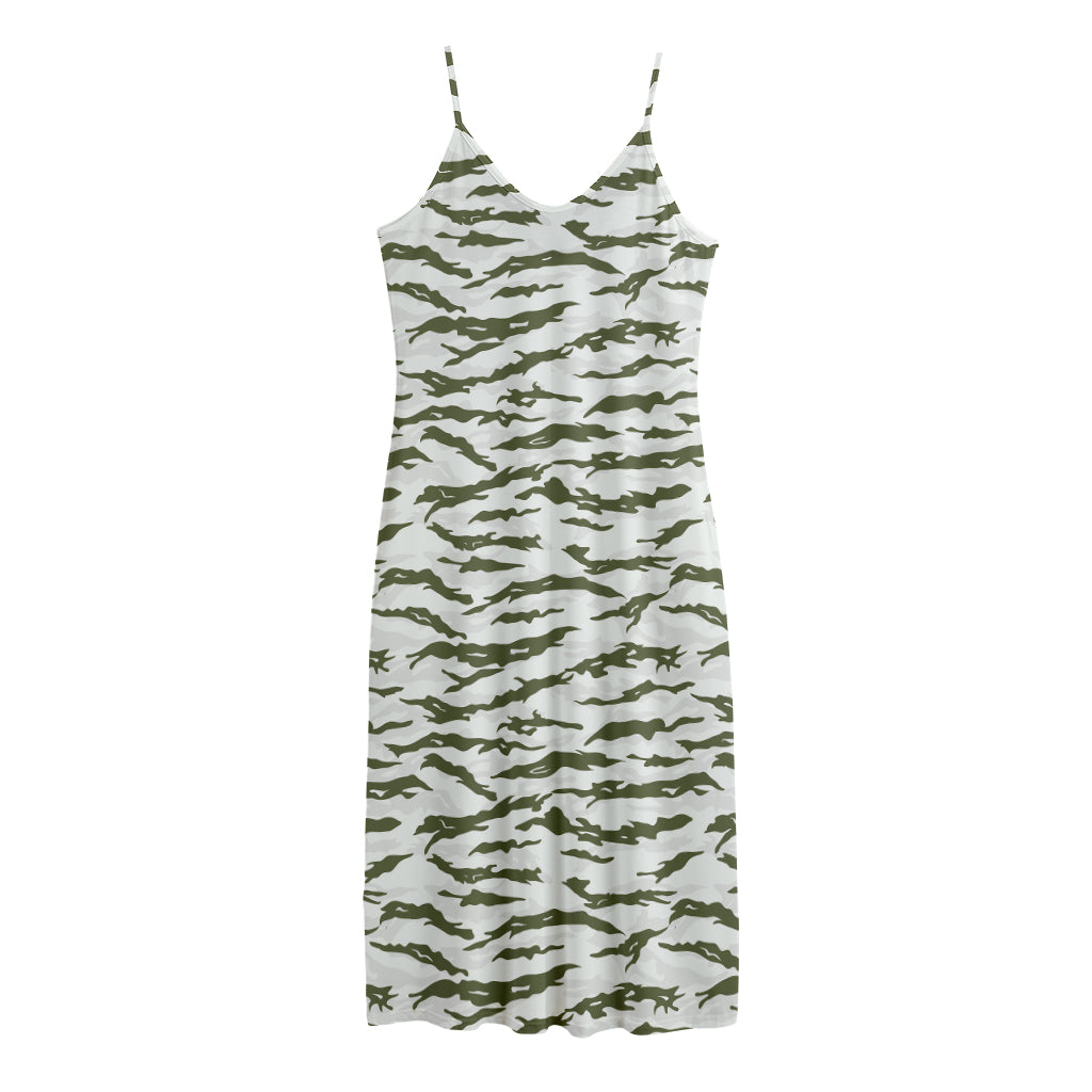Green And White Tiger Stripe Camo Print Jersey Midi Cami Dress