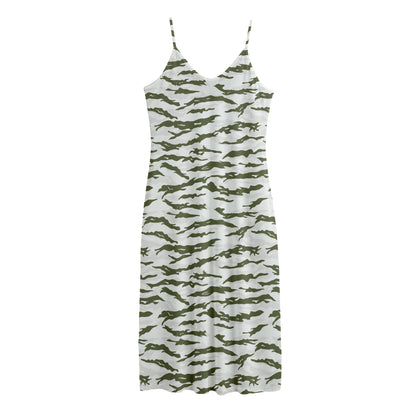 Green And White Tiger Stripe Camo Print Jersey Midi Cami Dress