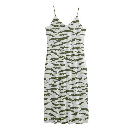 Green And White Tiger Stripe Camo Print Jersey Midi Cami Dress