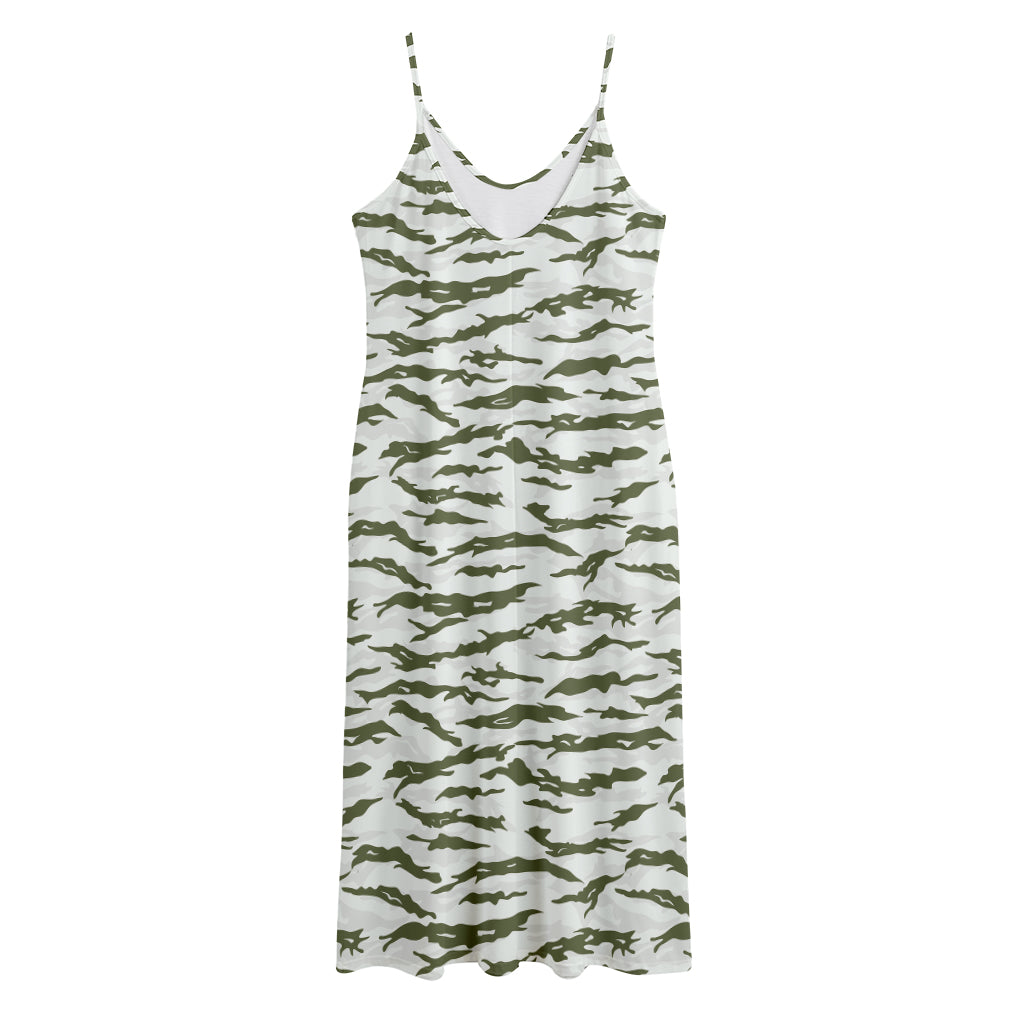 Green And White Tiger Stripe Camo Print Jersey Midi Cami Dress