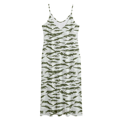 Green And White Tiger Stripe Camo Print Jersey Midi Cami Dress