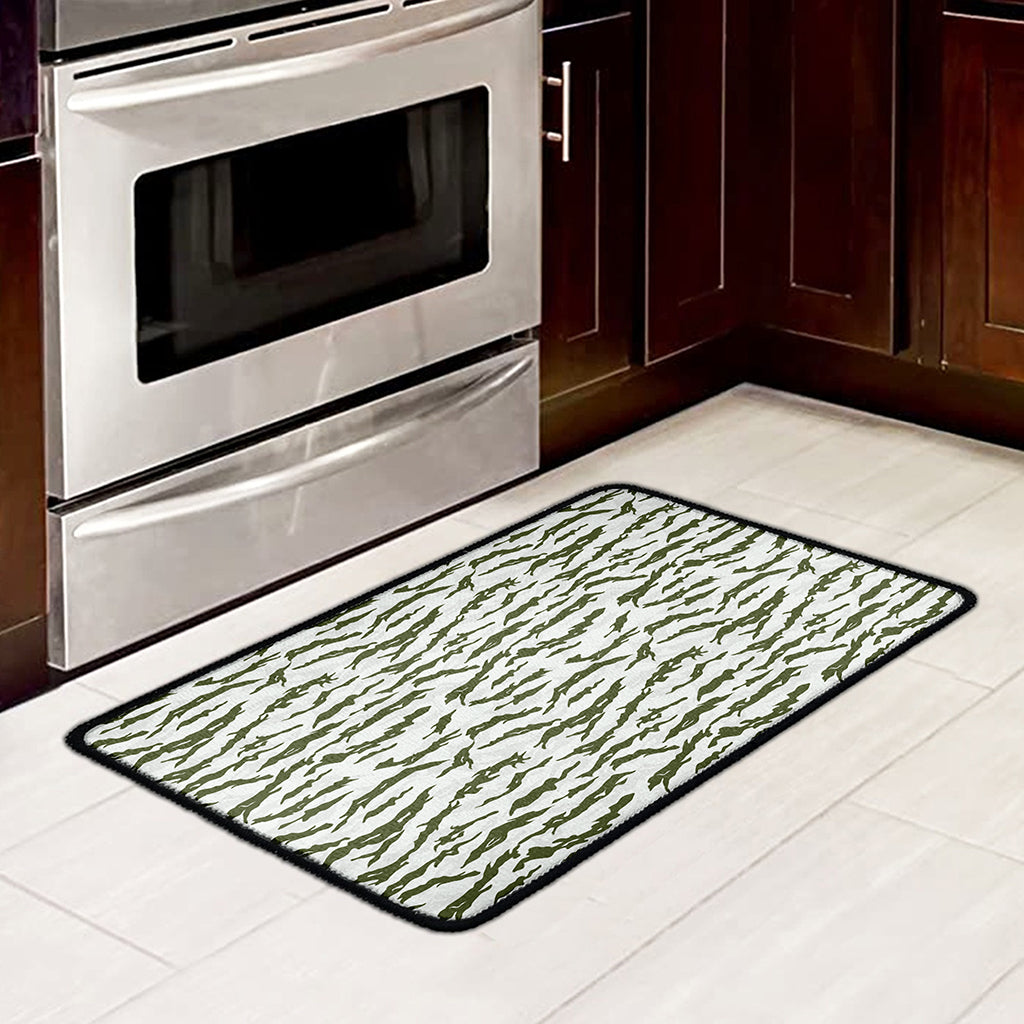 Green And White Tiger Stripe Camo Print Kitchen Mat