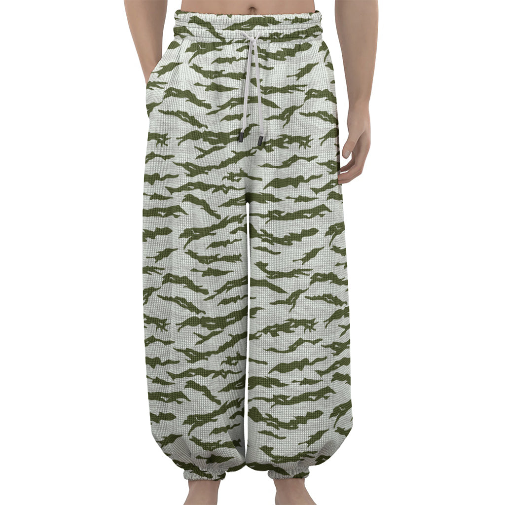 Green And White Tiger Stripe Camo Print Lantern Pants