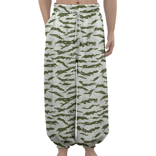 Green And White Tiger Stripe Camo Print Lantern Pants