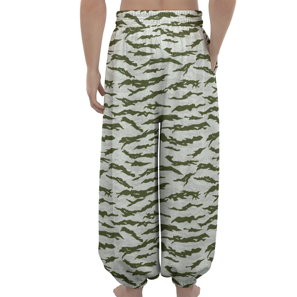 Green And White Tiger Stripe Camo Print Lantern Pants