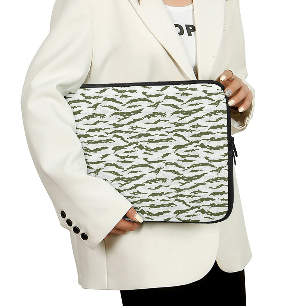 Green And White Tiger Stripe Camo Print Laptop Sleeve