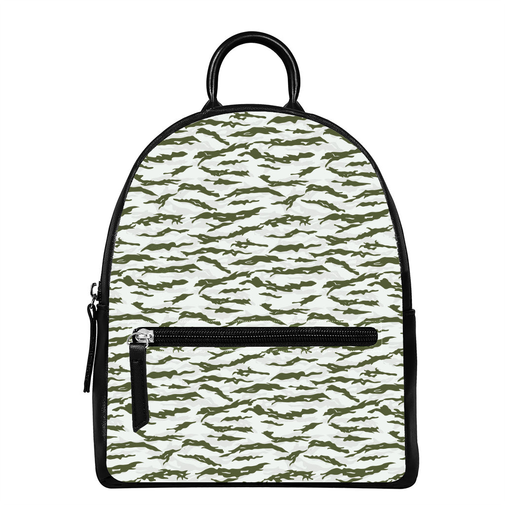 Green And White Tiger Stripe Camo Print Leather Backpack