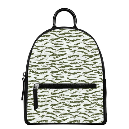 Green And White Tiger Stripe Camo Print Leather Backpack