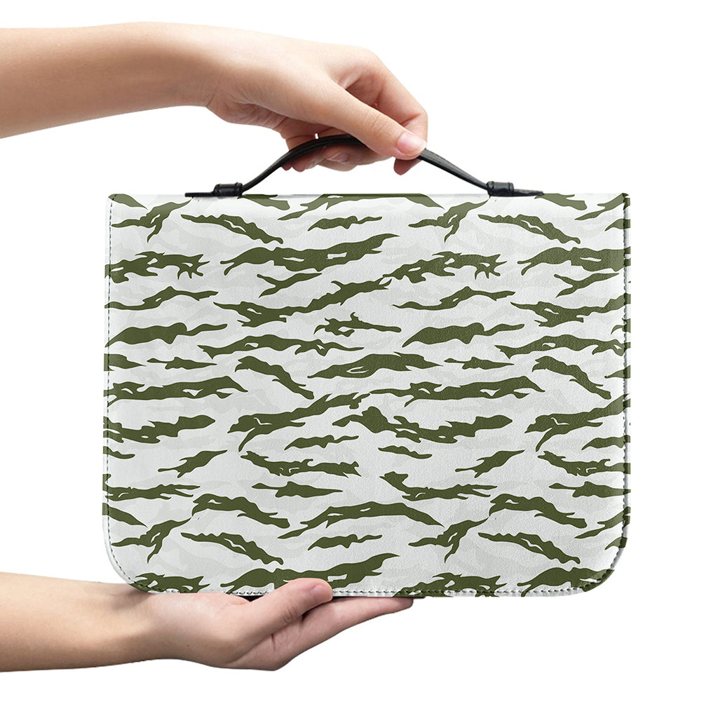 Green And White Tiger Stripe Camo Print Leather Bible Cover