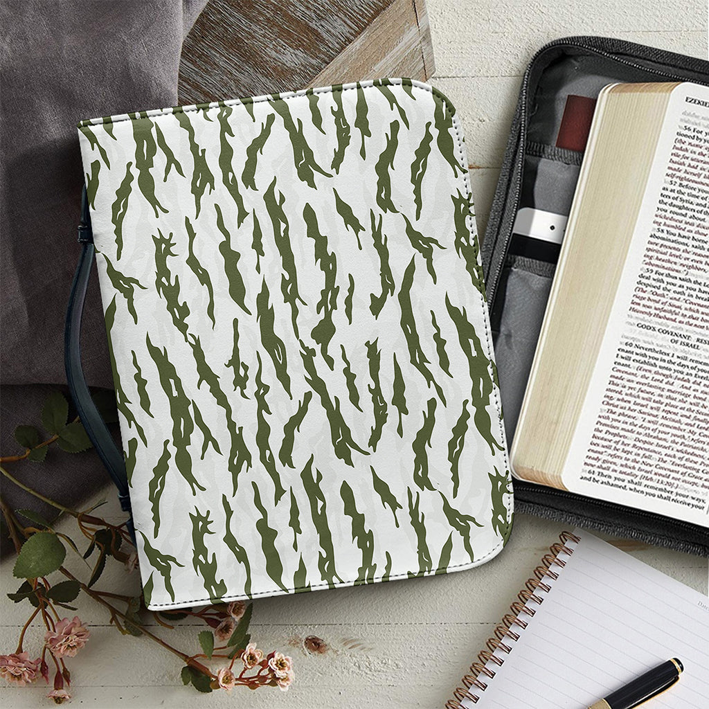 Green And White Tiger Stripe Camo Print Leather Bible Cover