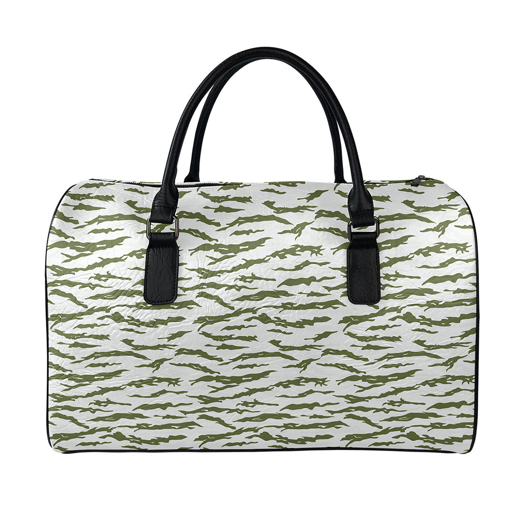 Green And White Tiger Stripe Camo Print Leather Duffle Bag