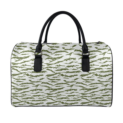 Green And White Tiger Stripe Camo Print Leather Duffle Bag