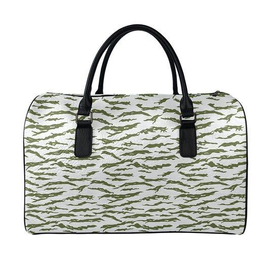 Green And White Tiger Stripe Camo Print Leather Duffle Bag