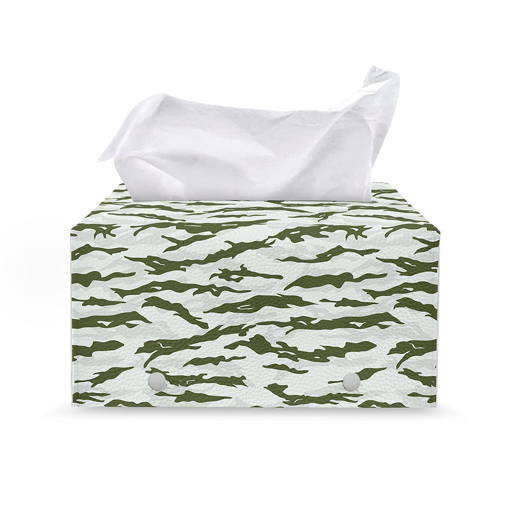 Green And White Tiger Stripe Camo Print Leather Tissue Box Cover