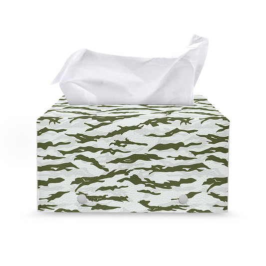 Green And White Tiger Stripe Camo Print Leather Tissue Box Cover