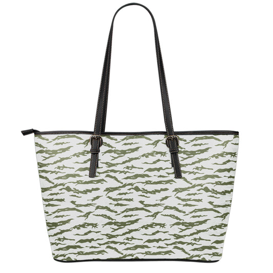 Green And White Tiger Stripe Camo Print Leather Tote Bag