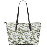 Green And White Tiger Stripe Camo Print Leather Tote Bag
