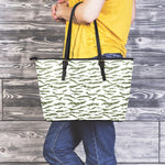 Green And White Tiger Stripe Camo Print Leather Tote Bag