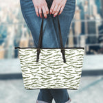 Green And White Tiger Stripe Camo Print Leather Tote Bag