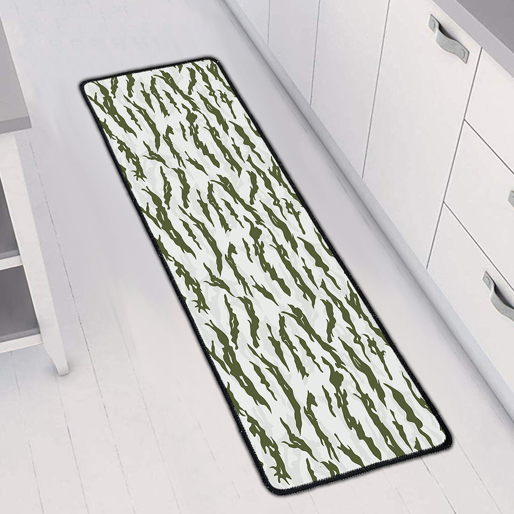 Green And White Tiger Stripe Camo Print Long Kitchen Mat